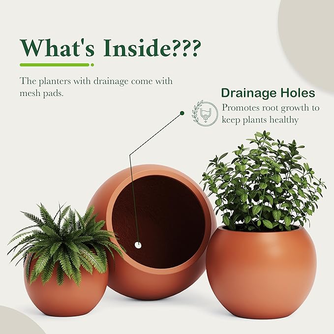 DTY Signature Mount Sherman Modern Indoor Outdoor Fiberstone Sphere Planter, Durable Round Garden Pot, Weather Resistant, Drainage Hole & Rubber Plug, Planter for Christmas Tree - Medium, Terracotta