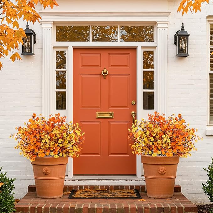 8Pcs Babys Breath Artificial Fake Fall Flowers, Real Touch Orange Yellow Plants Silk Flowers for Vase Home Office Wedding Indoor Outdoor Centerpiece Table Party Autumn Christmas Decorations