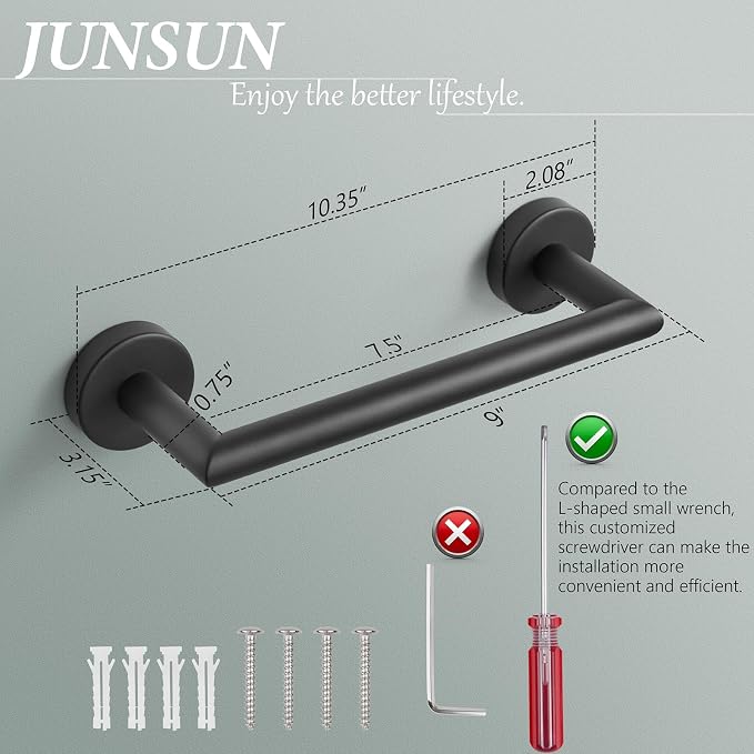 JunSun Bathroom Towel Bar 9 Inch Matte Black Towel Racks Wall Mounted Bath Hand Towel Holder Modern Home Decor Towel Rod Bathroom Accessories Stainless Steel Towel Hangers Towel Rail Single Towel Bars