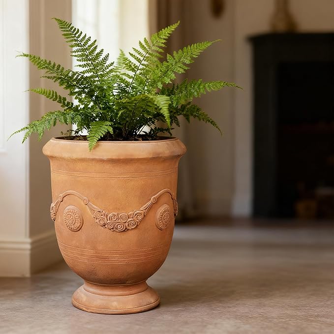 Large Urn Planter Magnesium Oxide Plant Pot with Cement Texture Concrete Urn Planters with Drainage Hole, 14" Dia x 17.5", Rusty