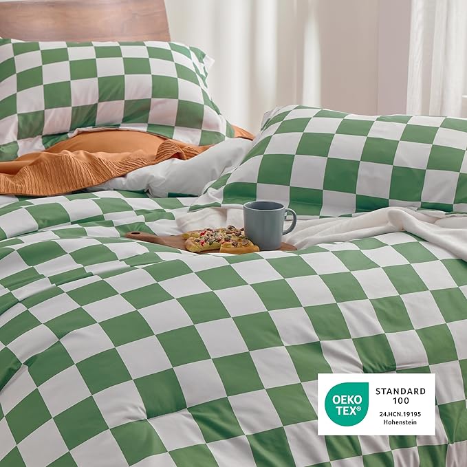 Bedsure Comforter Set Queen Size - Checkered Bedding Comforter Set for Boys, 3 Pieces, 1 Soft Green Comforter and 2 Pillow Shams