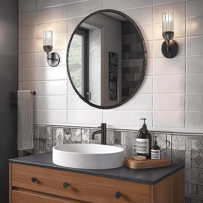 ANDY STAR Hand-Forged Round Mirror for Wall, 24 Inch Black Solid Steel Antique Rounded Bathroom Mirror, Vintage Hammered Metal Frame Circle Mirror for Wall Decor, Vanity, Bedroom, Entryway