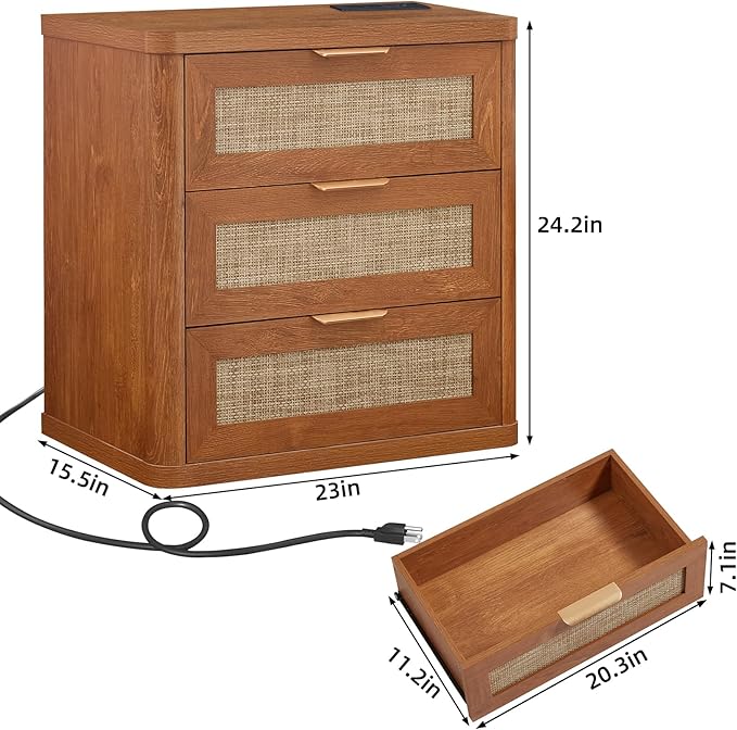 LEYAOYAO Rattan Night Stand with Charger Station, 23" Large 3 Drawer Boho Nightstand, Tea Brown Bedside Table Storage Cabinet, Bed Side End Tables for Bedroom, Living Room, Hallway