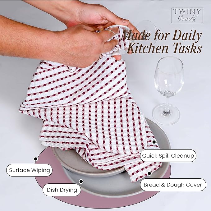 TWINY threads Waffle Weave Dish Towels Set of 4, Premium Cotton 16x26 Kitchen Hand Towel, Super Absorbent, Durable & Reusable Tea Towels for Home, Restaurants & Cafes, Burgundy Wine, White