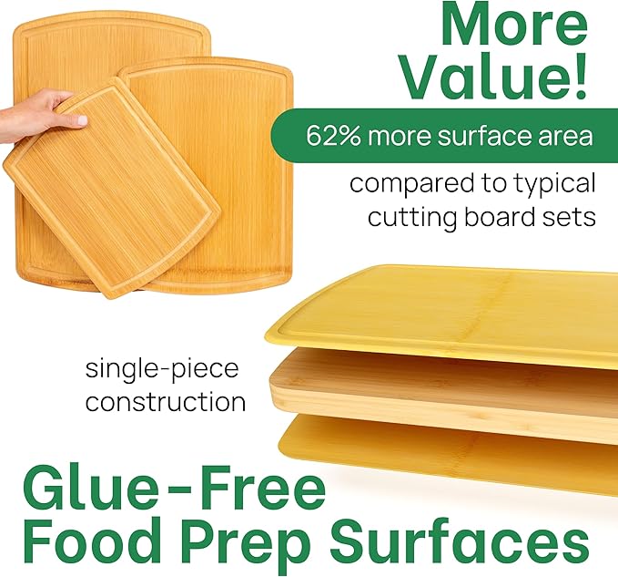 Bamboo Cutting Boards for Kitchen with Glue-Free Surface and Lifetime Replacements – Organic Wooden Chopping Board with Juice Grooves for Carving & Serving, Non Toxic & Durable by Greener Chef