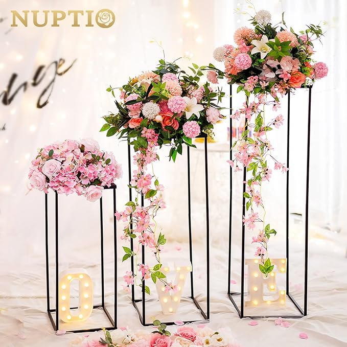Nuptio Black Vase for Wedding Centrepieces: 3 Pcs Tall Plant Stand Flower Vases Large Metal Display Table Column Rack Geometric Centre Pieces for Home Birthday Party Decorations(23.6/31.5/39.4in)