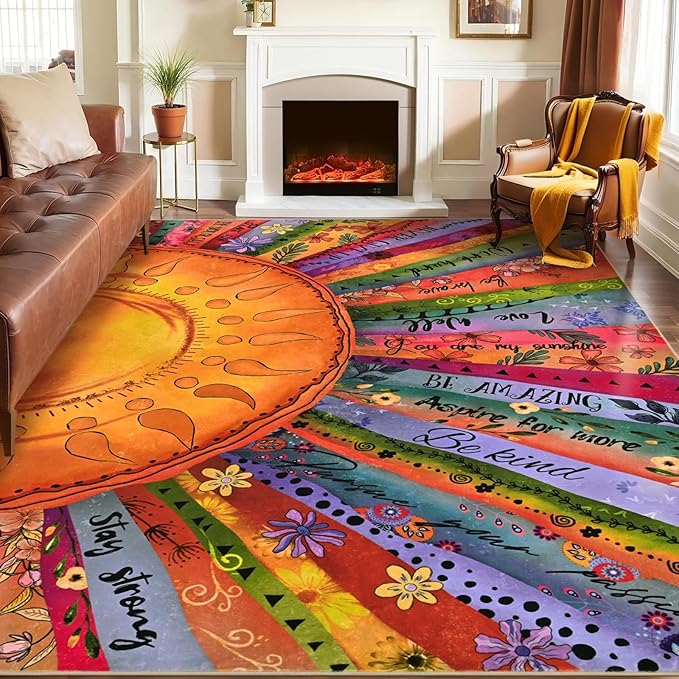 Likiyol Sun Area Rug 3x5 Rugs for Bedroom, Non Slip Washable Rugs for Living Room Soft Faux Cashmere Inspirational Bedroom Rug, Large Throw Rugs with Rubber Backing for Kids Room, Dining Room, Dorm