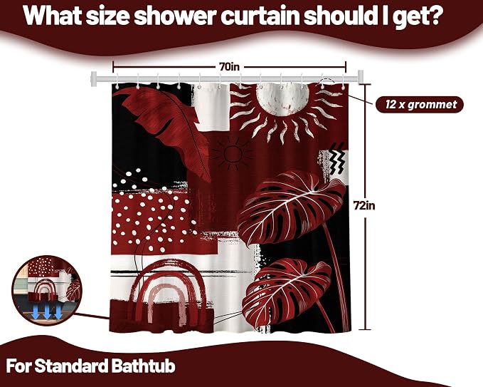 Black and Red Mid Century Modern Shower Curtain Bohemian Abstract Burgundy Shower Curtains for Bathroom Decor Sets, Waterproof Cloth Fabric with Hooks, 70x72 Inch