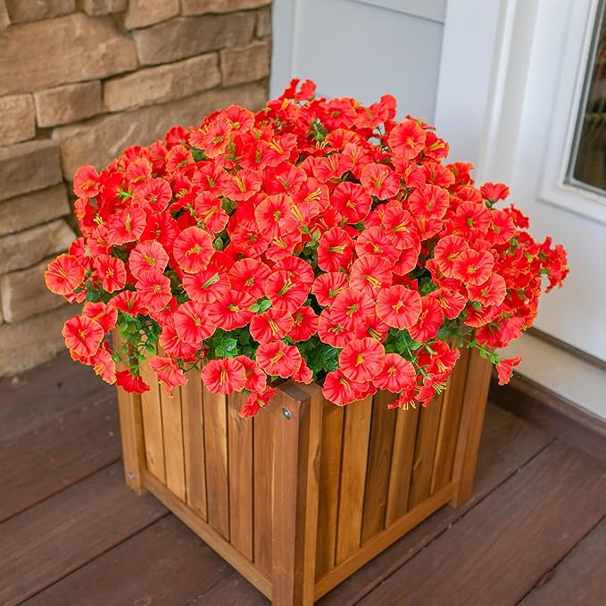 Artificial Flowers Fake Plants for Outdoors Spring Summer Decor, 12 Bundles Orange Silk Morning Glory with Eucalyptus Look Real UV Resistant Faux Flowers for Outside Planters Front Door Yard Indoor