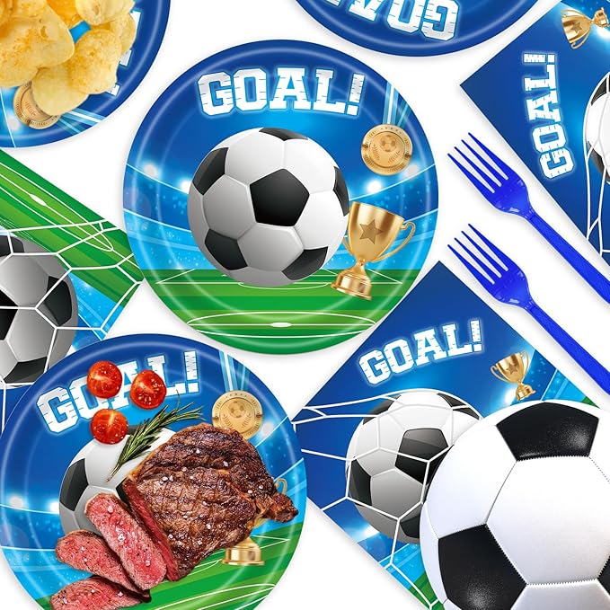 Generic 48Pcs Blue and Green Soccer Party Decorations: Plates, Napkins, Forks for 20 Guests - Soccer Birthday Party Decorations