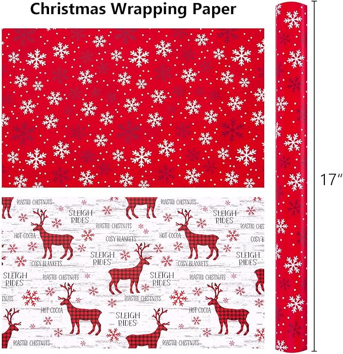 MAYPLUSS Christmas Wrapping Paper Roll, 17 Inch X 16.5 Feet Christmas Gift Wrapping Paper Featuring Reindeer Reversible Snowflake Thick Wrap Paper for Holiday Party New Year Kids