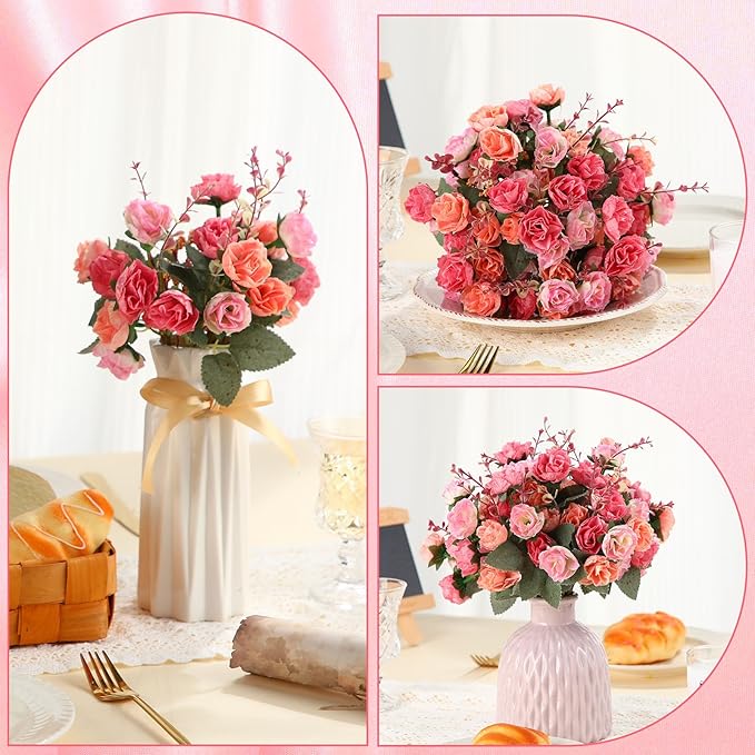 Geosar 16 Pcs Rose Artificial Flowers Fake Flowers Bouquet 21 Heads Silk Faux Floral Bundles with Stem for Home Bridal Wedding Arrangements Table Centerpieces Party Decor (Pink)