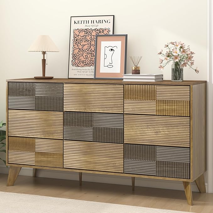 Hadulcet Wooden Dresser for Bedroom, 55” Long Mid Century Modern Fluted 9 Drawers Dresser Storage Clothes for Closet Organizer, Handleless Design, Push to Open, Dark Wood