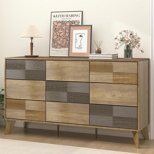 Hadulcet Wooden Dresser for Bedroom, 55” Long Mid Century Modern Fluted 9 Drawers Dresser Storage Clothes for Closet Organizer, Handleless Design, Push to Open, Dark Wood
