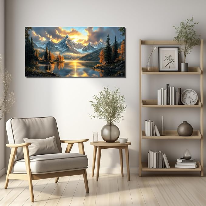 JuhaiArt Lake Picture Art Mountain Landscape Nature Wall Decorations Scenery Canvas Wall Art for Bedroom Office Gold Sunset Poster Artwork 20"x 40"