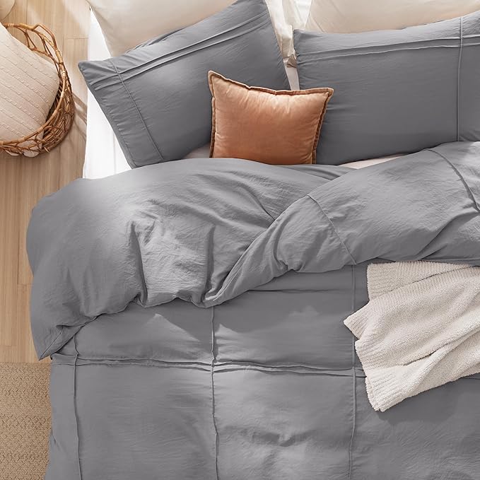 Bedsure Grid Boho Duvet Cover King Size - Shabby Chic Tufted Boho Bedding Set, 3 Pieces Shabby Chic Home Bedding for All Seasons, Includes 1 King Duvet Cover & 2 Pillowcases (Grey, 104" x 90")