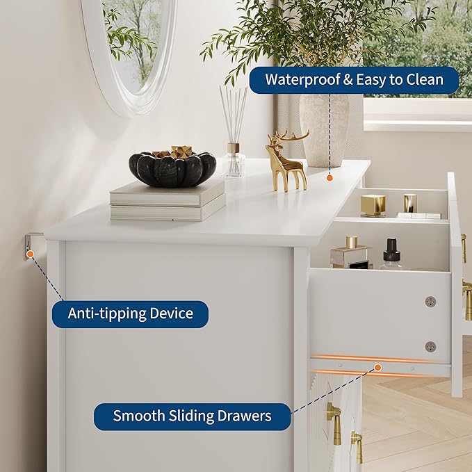 GarveeHome Fluted Dresser for Bedroom, 47.2 Inch Wide 6-Drawer Wood Dresser, Modern Chest of Drawers, Storage Organizer Cabinet for Living Room, Hallway, Entryway, White