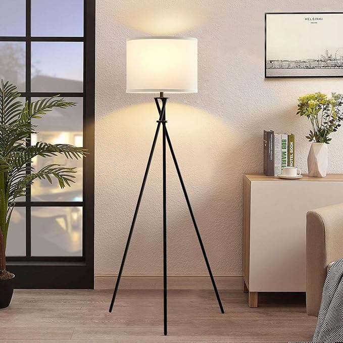 Floor Lamp for Living Room, 61'' Modern Tripod Floor Lamps with White Shade & Rotary Switch, Black Floor lamp for Bedroom, Office, Simple Design Lamp
