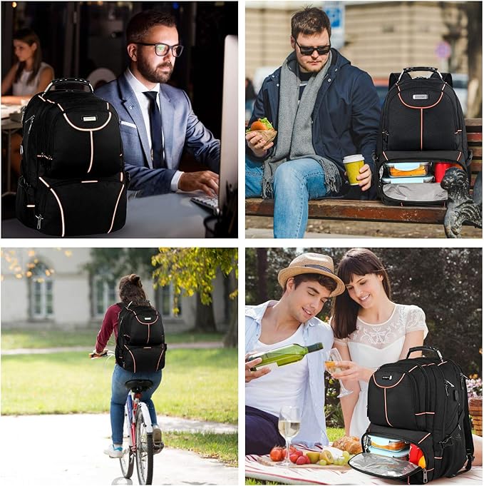 VECKUSON Lunch Bag Backpack, Insulated Cooler Lunch Box, Extra Large 17.3 inch Laptop Backpack with USB Port for Women and Men, Orange