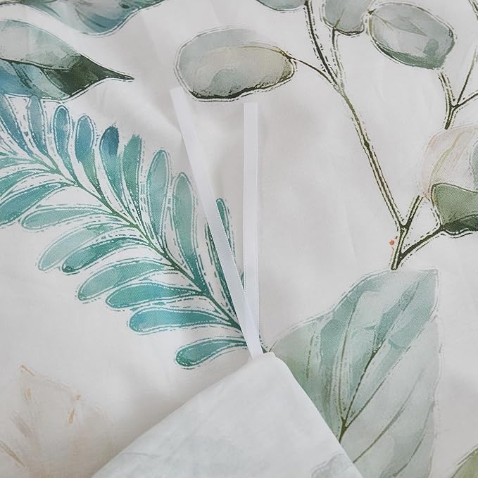 100% Cotton Duvet Cover Queen Size – Eucalyptus Botanical Print Green Floral Duvet Cover Set, 3-Piece Soft Breathable Natural Premium Cotton Bedding Set for All Seasons