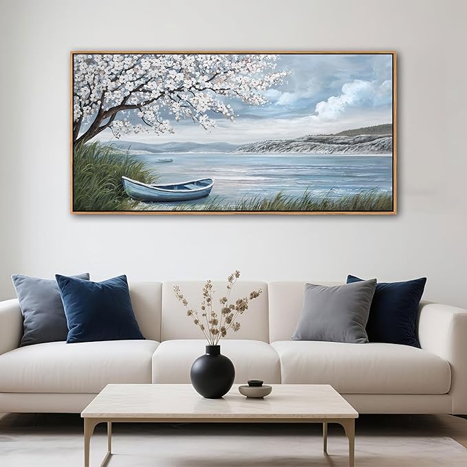 KLAKLA Large Canvas Art Plum Blossom Lake White Wall Decor Living Room Bedroom Picture Over Bed Framed Artwork for Wall Modern Canvas Paintings Office 24x48 Inches