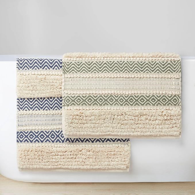Ink+Ivy Bath Rug Hand-Woven Texture Shaggy Striped Soft & Water Absorbent, Boho Bathroom Décor Bath-Mats, Non-Slip Absorbent Quick Dry Mats for Tub, Shower Room, Asher, 22x58, Navy 1 Piece