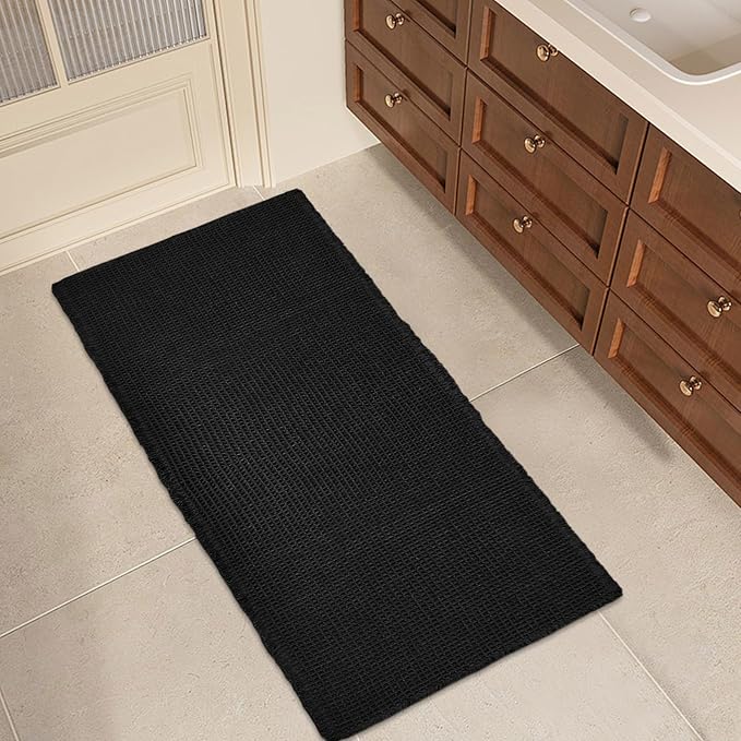 ZALL Waffle Bath Mat Black Super Absorbent Non Slip Bathroom Rug,Rhombus Geometric 24x48inch,Machine Washable Ultra Soft Floor Mats