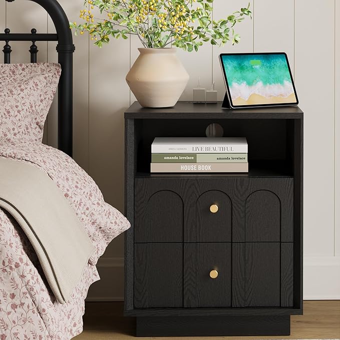 Nightstand Set of 2 with Charging Station, Mid Century Modern Nightstand with Arched Design, Minimalist End Table Wood Grain Bedside Tables for Bedroom or Living Room, Black
