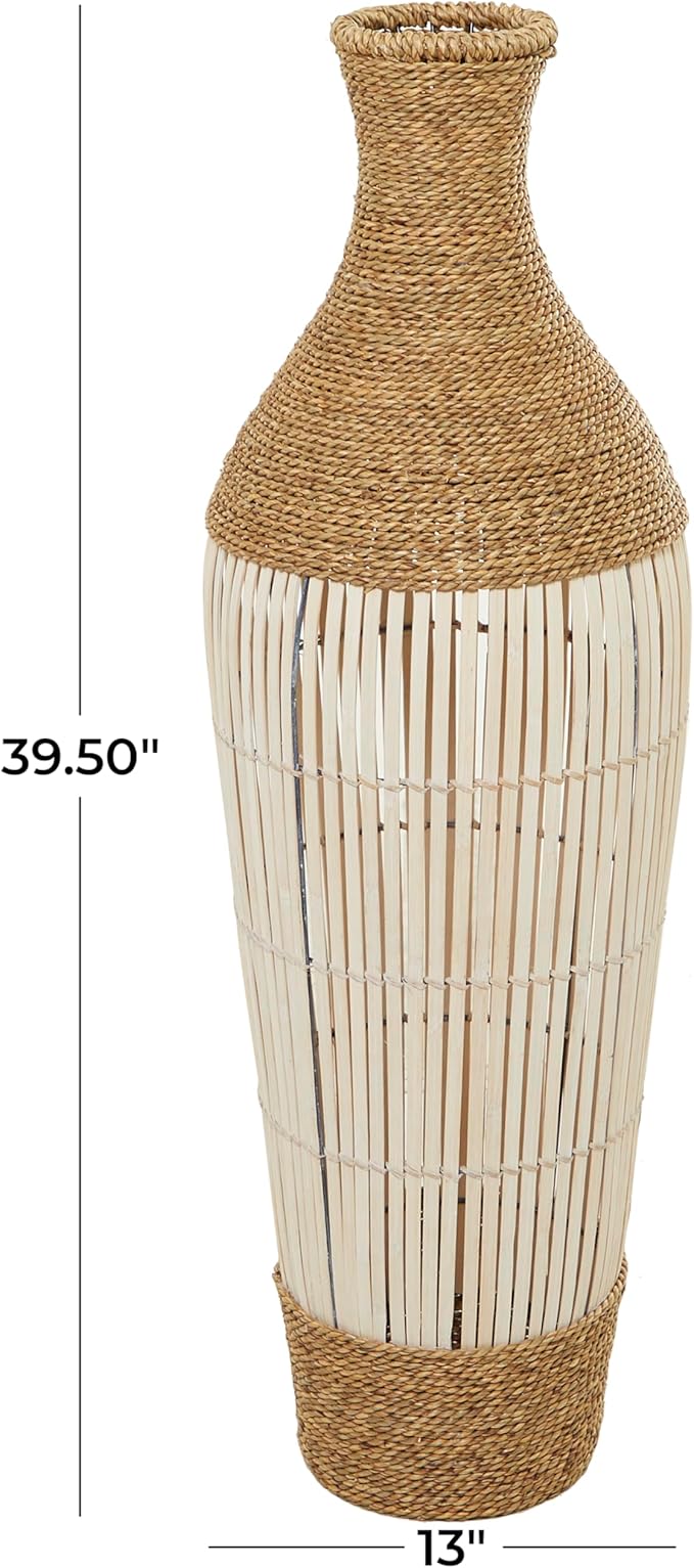 Deco 79 Seagrass Handmade Decorative Vase Wrapped Tall Floor Centerpiece Vase with Cream Slatted Bamboo Center, Vase for Home Decoration 13" x 13" x 40", Brown
