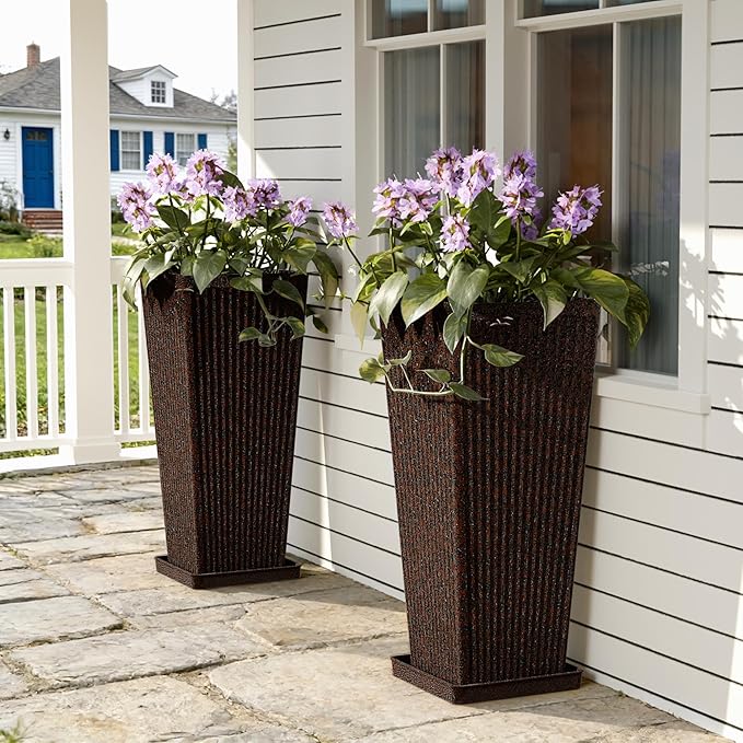 Square Tall Planters for Outdoor Plants Set of 2-23.6" Heavy-Duty Classic Tapered Indoor Flower Pots with Drainage Holes/Partition/Tray, Large Outdoor Planters for Porch Patio Garden, Brown