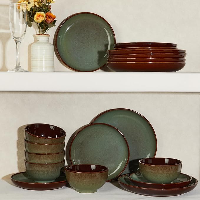 Pokini 36 Piece Stoneware Dinnerware Sets, Ceramic Plates and Bowls Set, Microwave & Dishwasher Safe Kitchen Dish Set, Modern Dinner Salad Plates | Cereal Bowls for 12, Dishware Sets Sage Green