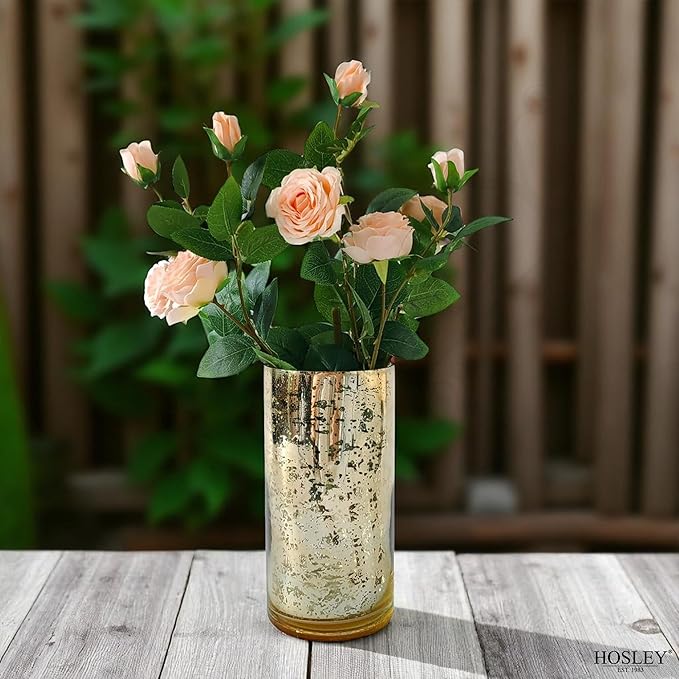 Hosley Set of 2 Mercury Gold Glass Vases – Elegant Flower Pots for Boho Decor, Wedding Gifts, Decorative Centerpieces, Hurricane Style Vase for Home, Events, and DIY Crafts