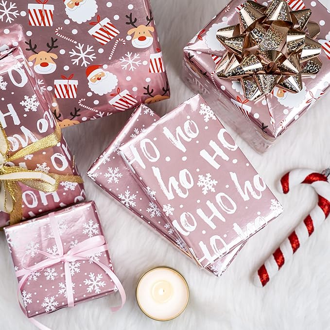 LeZakaa Christmas Wrapping Paper Mini Roll, Pink Metallic Foil Shine Paper - Snowflakes/Santa Claus/HO Print for Gift Wrap, Arts Crafts - 17 x 120 inches - 3 Rolls (42.5 sq.ft.ttl.)