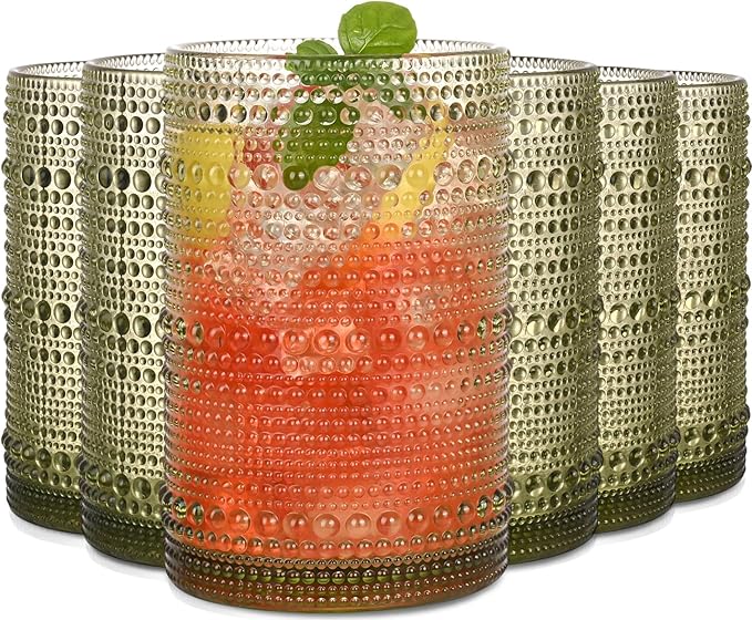 Green Hobnail Drinking Glasses Set of 6,15 oz Vintage Highball Glasses,Drinkware Kitchen Glasses for Cocktail,Iced Coffee,Beer,Ice Tea,Wine,Whiskey,Water