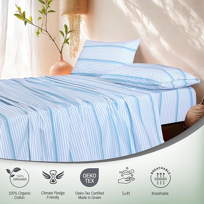RUVANTI 100% Organic Cotton Sheets Queen Size, Percale Weave, GOTS Certified, 4-Piece Set, Deep Pocket 15", Crisp & Breathable, Soft Durable Bedding, Sábanas Algodón Orgánico – Nautical Stripes