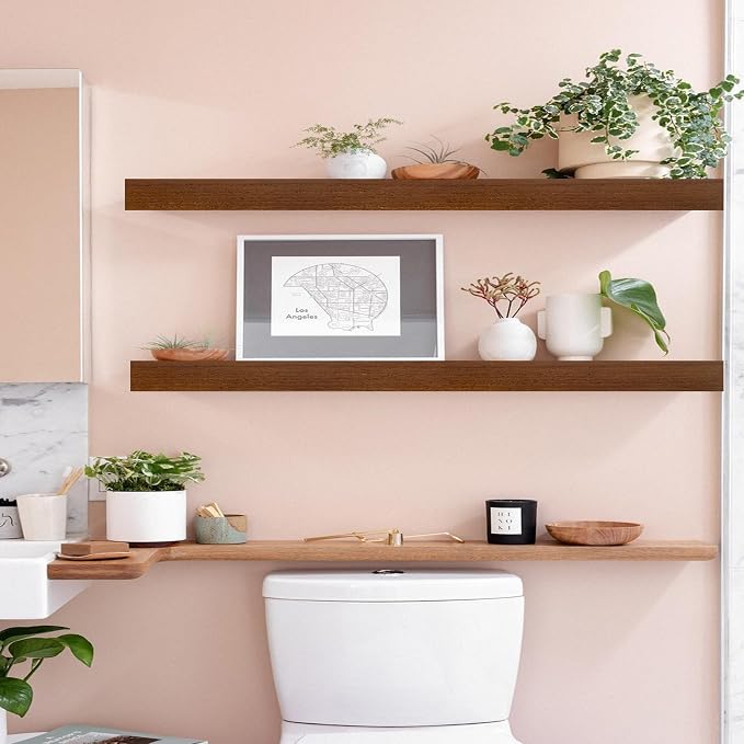 IAE Walnut Floating Wall Shelves 36 inch, Bathroom Shelf Wall Mounted,Invisible Shelving Floating Kitchen Shelf,Wooden wall Shelves with Brackets for Living Room wall Mounted,Easy Install,Set of 2