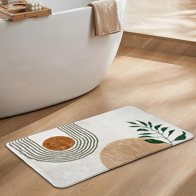 APROPHIC 20"X30" Boho Bath Rugs for Bathroom Decor Non-Slip Bath Mat Absorbent Plush Microfiber Soft Carpet Machine Washable Bath Mat for Bathrooms,Showers,Laundry Rooms,White and Green