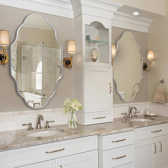 Scalloped Mirror for Bathroom - 26"x46" Silver Bathroom Mirror with Aviation Aluminum Alloy Frame & Shatter-Proof Glass for Living Room Bedroom Entryway, Brushed Silver Frame(x1)