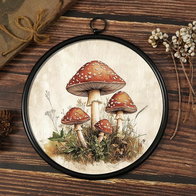 XIAOAIKA Round Vintage Wall Hanging Decor, Printed Textured Surface with Wood Back, Mushroom Design, Black Metal Frame, Ready to Hang for Living Room Bedroom, 10 Inch