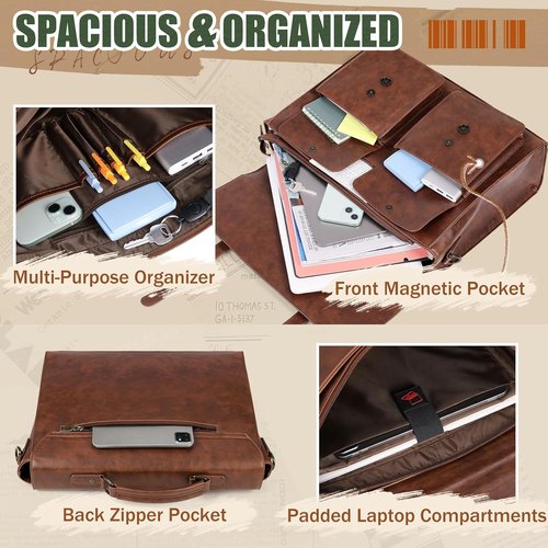 RAINSMORE Men's Vintage Leather Messenger Bag - 17 Inch Laptop Briefcase with Magnetic Closure