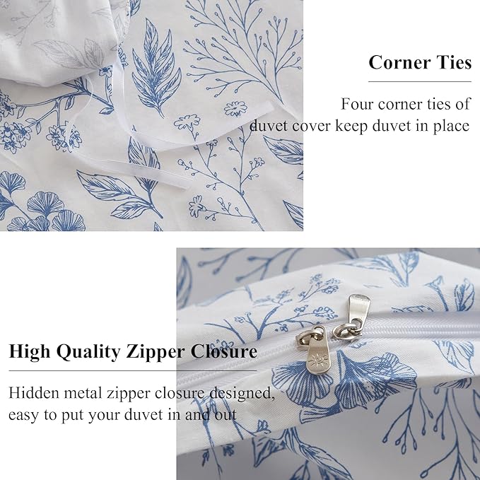 EAVD Cotton Bed Linen Set, Twin XL - Vintage Style Garden Blue Floral Duvet Cover with 2 Pillowcases