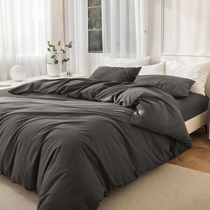JIYUAN 100% Washed Cotton Duvet Cover Set 3 Pieces Queen, 1 Duvet Cover 90x90 Inches(Comforter Not Included) and 2 Pillowcases,Linen Feel Bedding Set Comfy and Breathable,Solid Dark Grey