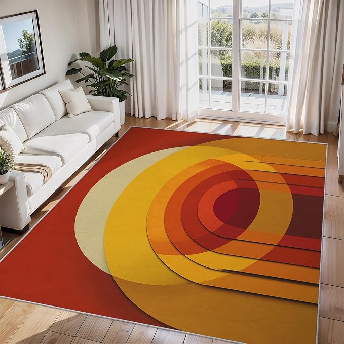 Mid Century Modern Rugs for Home Decor, 8x10 ft, Abstract Circle Area Rugs for Living Room, Soft Non Slip Washable Retro 70s Geometric Carpet Bedroom Decorations Dt-Ghf-69