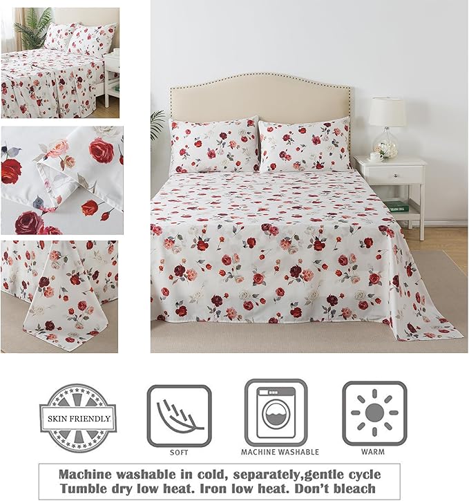 FADFAY Rose Sheets Set Twin XL Vintage White Rose Floral Bedding Shabby College Bedding 100% Percale Egyptian Cotton 800 Thread Count Ultra Soft Deep Pocket Fitted Sheet 4Pcs, Twin XL for Dorm Room
