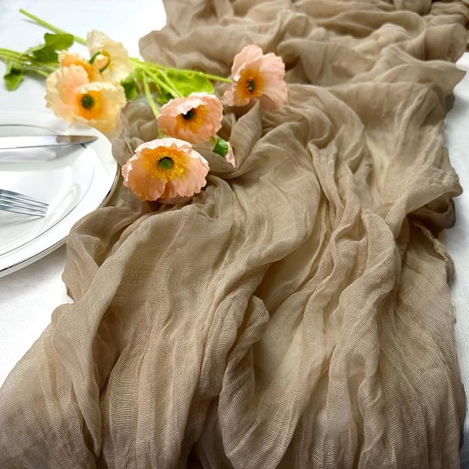 Booque Valley Nude Cheesecloth Table Runner 120 Inch 10ft Super Soft Boho Wrinkled Gauze Sheer Cloth for Baby Shower Birthday Bridal Shower Wedding Centerpiece Table Decoration, 6 Pack , Tan