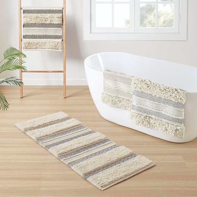 Ink+Ivy Bath Rug Hand-Woven Texture Shaggy Striped Soft & Water Absorbent, Boho Bathroom Décor Bath-Mats, Non-Slip Absorbent Quick Dry Mats for Tub, Shower Room, Asher, 22x58, Navy 1 Piece