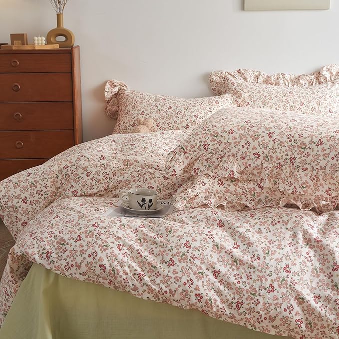 Vintage Floral Duvet Cover King 100% Cotton Pink Flower Duvet Cover with 2 Ruffle Pillowcases Girls Boho Lace Floral Bedding Set Aesthetic Garden Style Botanical Comforter Cover King with Zipper Ties