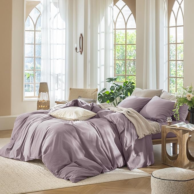MooMee Bedding Duvet Cover Set 100% Washed Cotton Linen Like Textured Breathable Durable Soft Comfy (Solid Taro Purple, Super King 108"x98")