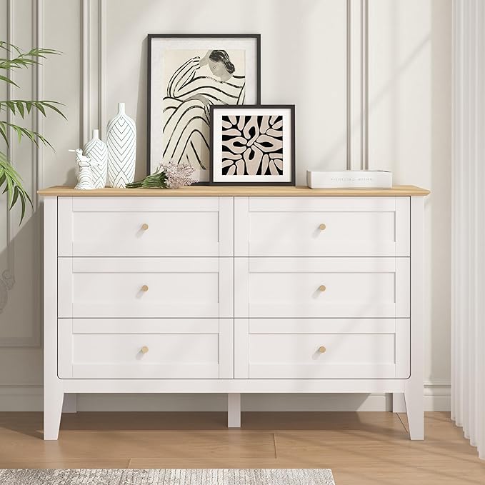 6 Drawers White Dresser for Bedroom, 47" Wide Wood Modern Chest of Drawers, Shaker Style, Modular Dresser TV Stand for Bedroom, Living Room, Hallway (White)