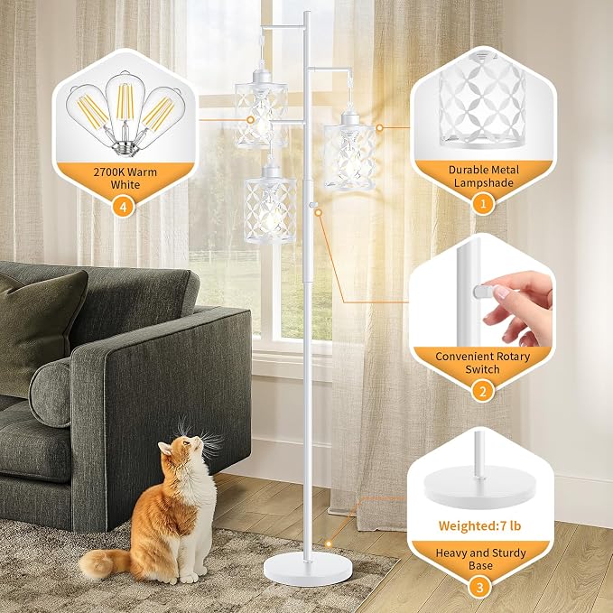 Dimmable Floor Lamp, Farmhouse Standing Lamp with Elegant Metal Cage, Industrial Tall Tree Floor Lamps for Living Room, Bedroom, Study Room, Office, 3 x 800LM LED Bulbs Included, 72", White